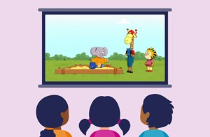 Colourful cartoon of three children sat down looking up to a screen showing a video of a cartoon elephant, giraffe and lion